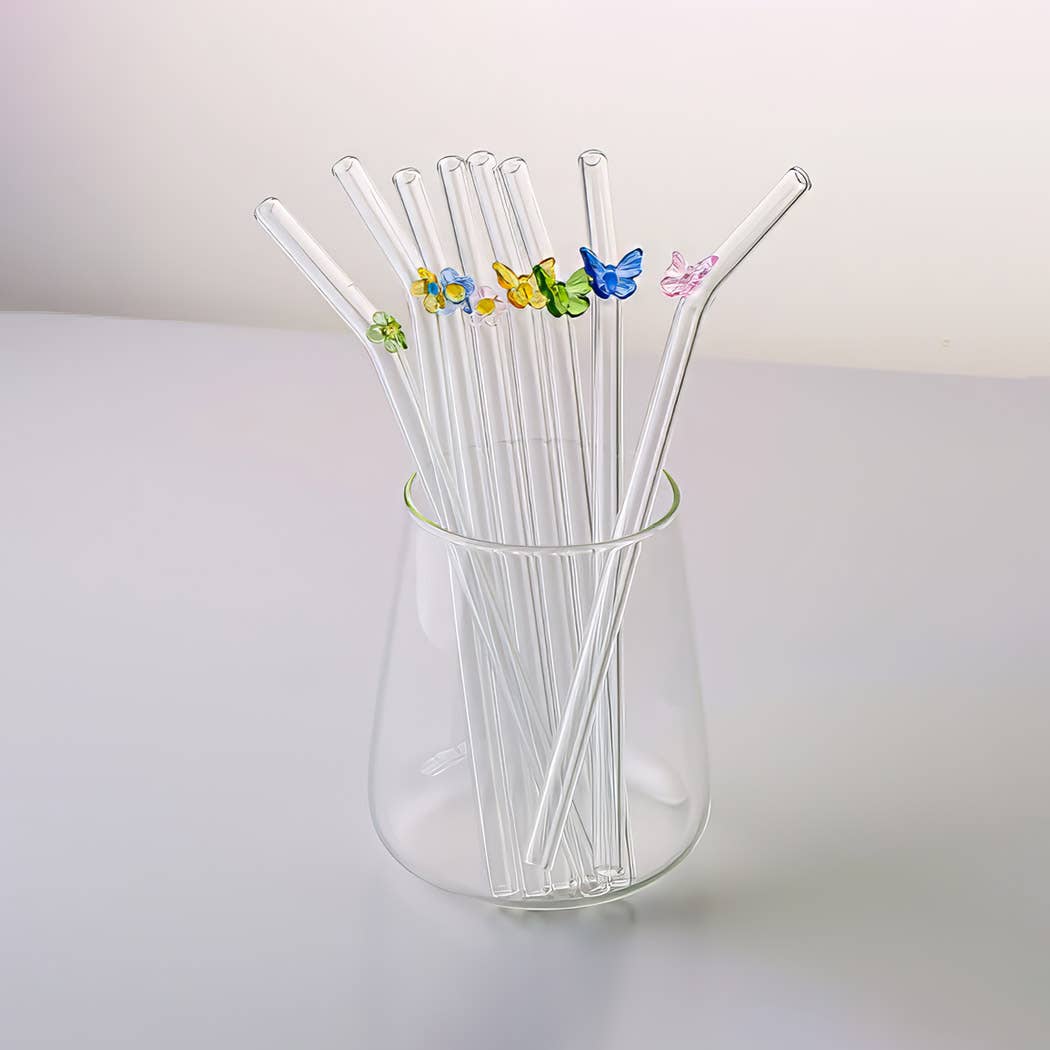 "Papillon" Little Flower Glass Straw Set x4