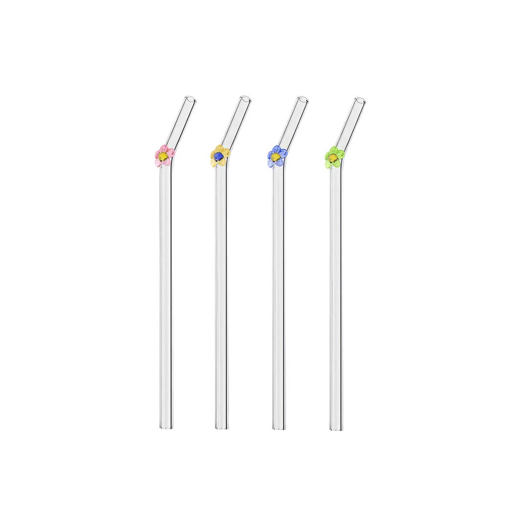 "Papillon" Little Flower Glass Straw Set x4