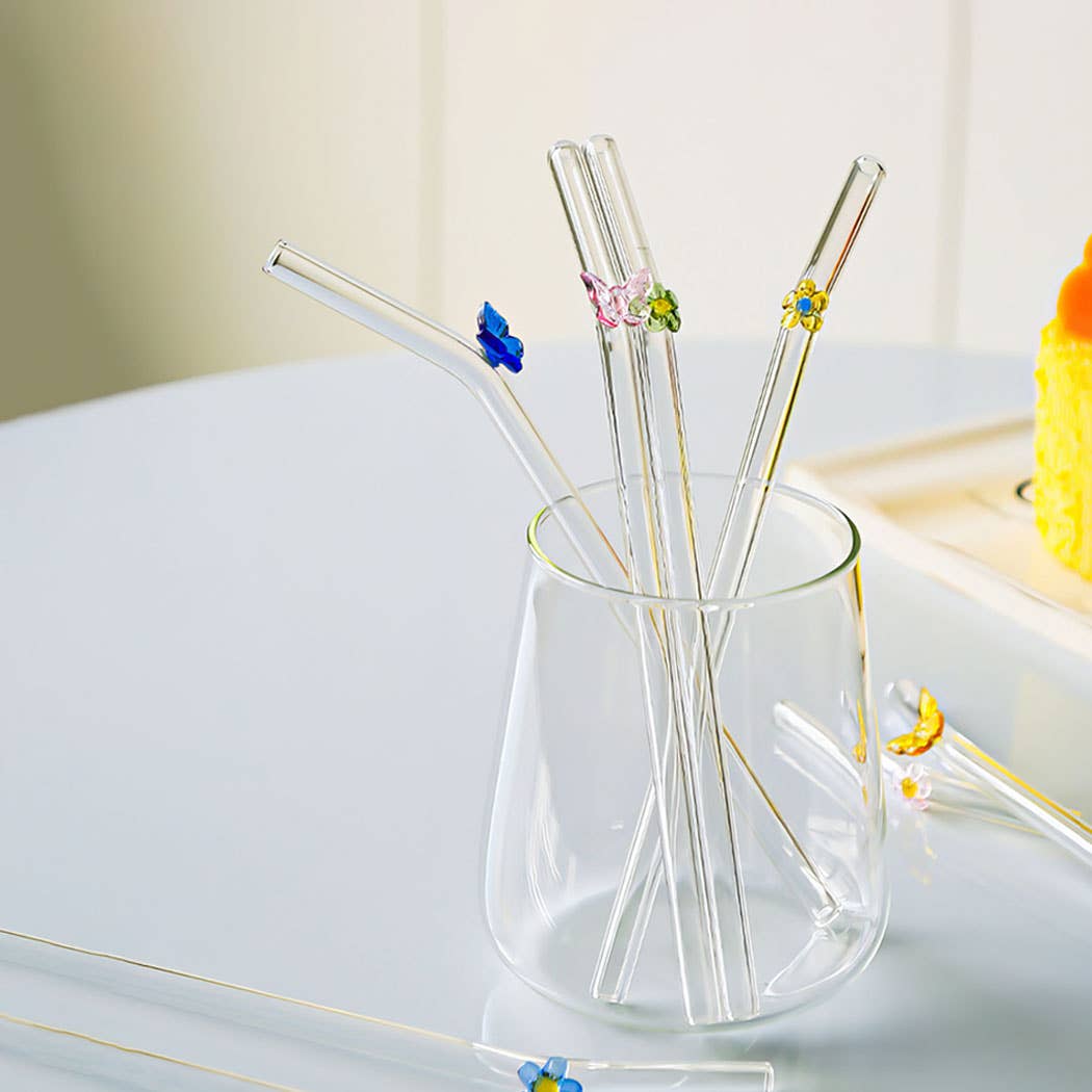 "Papillon" Little Flower Glass Straw Set x4