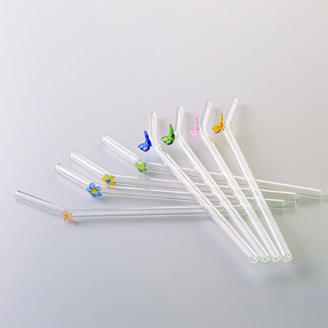 "Papillon" Little Flower Glass Straw Set x4